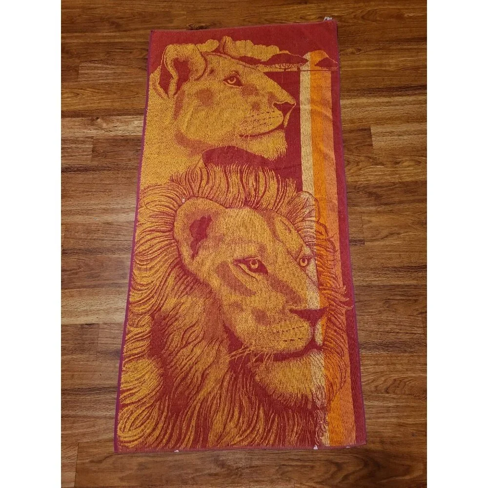 Vintage J Franco Lion Lioness Beach‎ Towel Orange Red